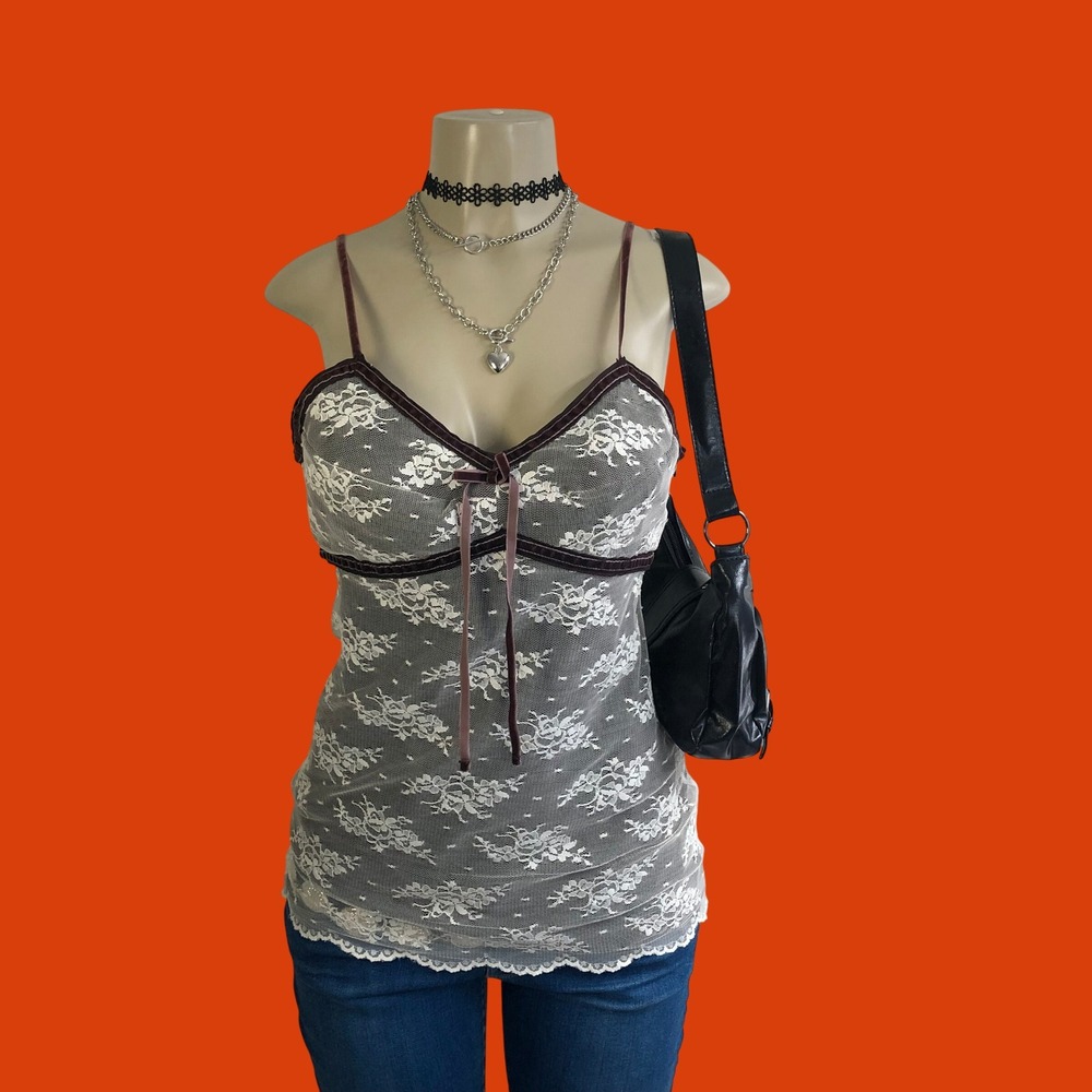 Vintage Y2K George Floral Lace Overlay Cami Top Womens M Brown Velvet Whimsigoth